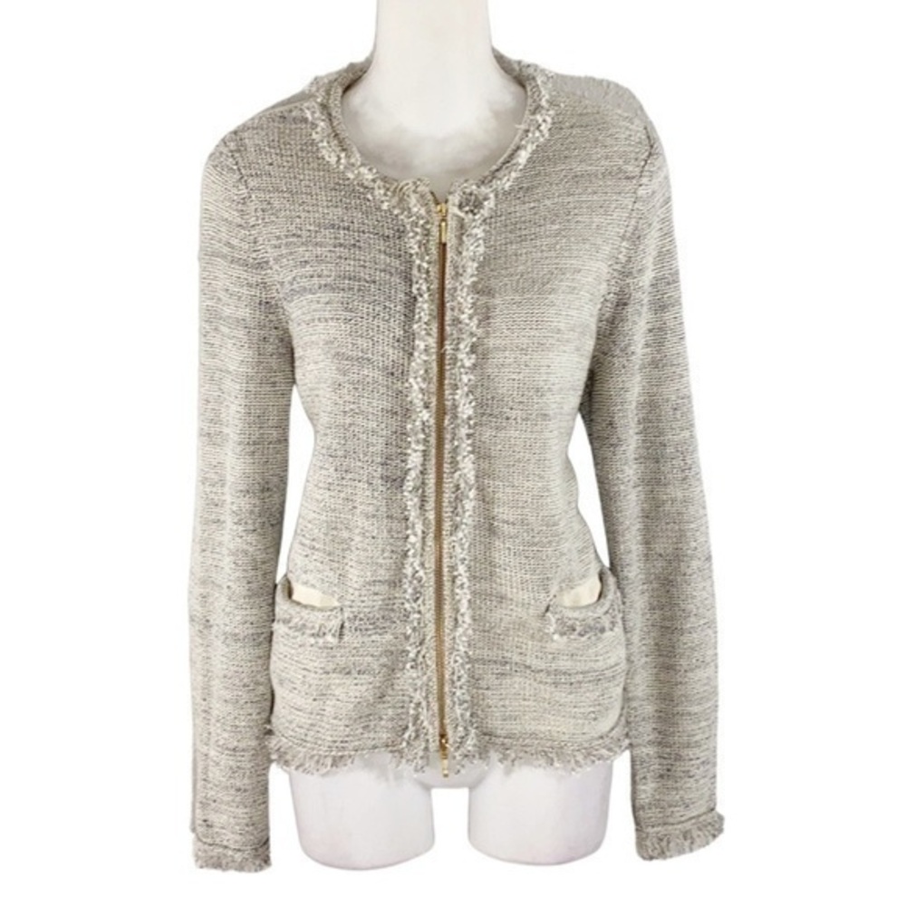 Belford beige blue knit zipper fringe sweater jacket